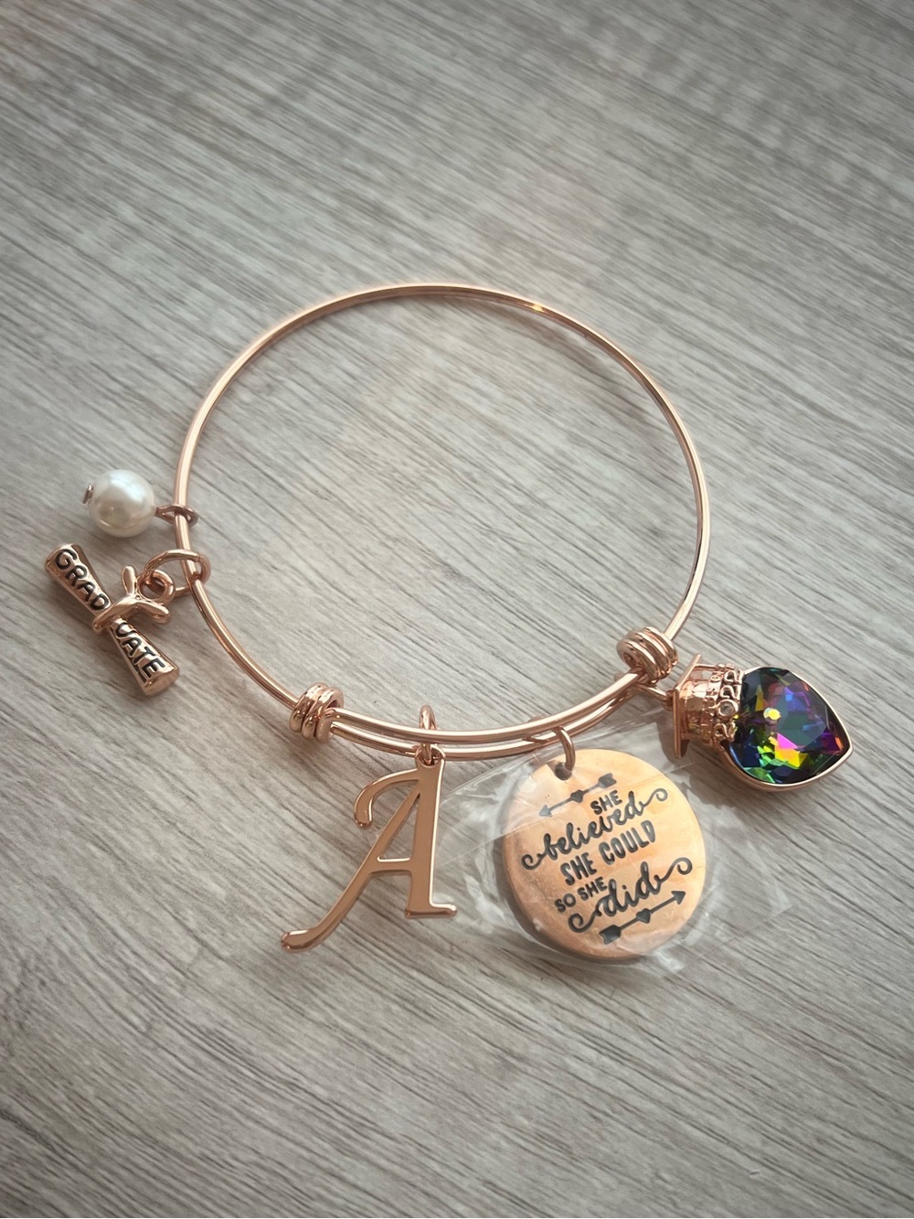 Graduate rose gold bracelet letter A